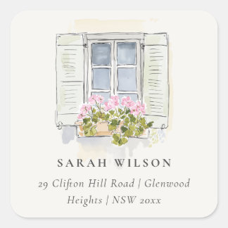 Cottage Vintage Floral Window Moved Address スクエアシール