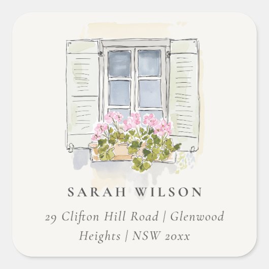 Cottage Vintage Floral Window Moved Address スクエアシール (正面)