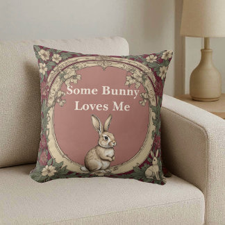 Cottagecore Burgundy Some Bunny Loves Me Vintage  クッション