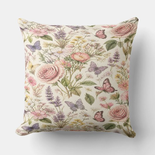 Cottagecore Butterflies Flowers Pillow クッション (正面)