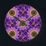 Cottagecore Butterfly & Flower Grid Pattern ラウンド壁時計<br><div class="desc">Step into a whimsical garden with this unique textured floral pattern. The design features large, stylized sunflowers (or dahlias) in a stunning gradient of purple, pink, and orange, giving them a soft, velvet-like appearance. Cute purple butterflies flutter between the blooms, all set against a delicate pastel pink trellis background. Perfect...</div>