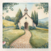 Cottagecore Chapel Path Pastel Landscape ガラスコースター (正面)