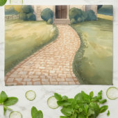 Cottagecore Chapel Path Pastel Landscape キッチンタオル (折り畳み)