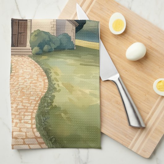 Cottagecore Chapel Path Pastel Landscape キッチンタオル (四つ折り)