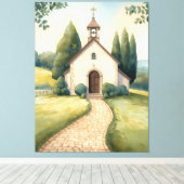 Cottagecore Chapel Path Pastel Landscape キャンバスプリント (インサイチュ (ウッドフロア))