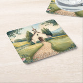 Cottagecore Chapel Path Pastel Landscape スクエアペーパーコースター (アングル)