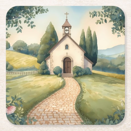 Cottagecore Chapel Path Pastel Landscape スクエアペーパーコースター (正面)