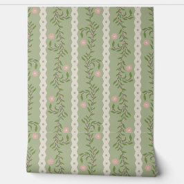 Cottagecore Climbing Floral Stripes on Sage Green 壁紙