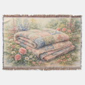 Cottagecore Floral Patchwork Quilt Watercolor スローブランケット (正面)