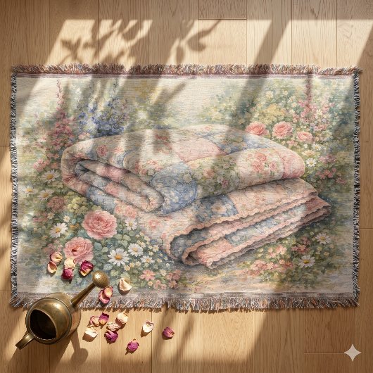 Cottagecore Floral Patchwork Quilt Watercolor スローブランケット