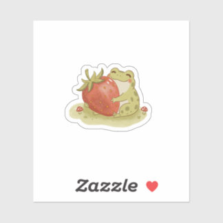 Cottagecore Frog Hugging Strawberry Illustration シール