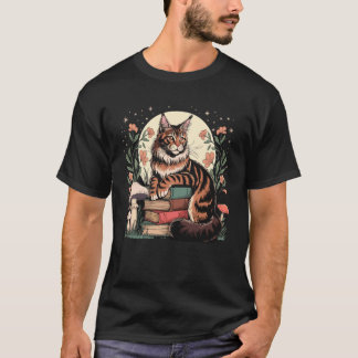 Cottagecore Maine Coon Cat & Books Reader Whimsica Tシャツ