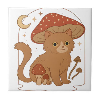 Cottagecore Mushroom Cat with Hat – Cute Vintage G タイル