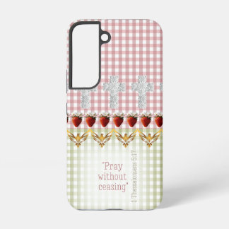 Cottagecore Pink Green Checks Cross Dove Scripture Samsung Galaxy S22ケース