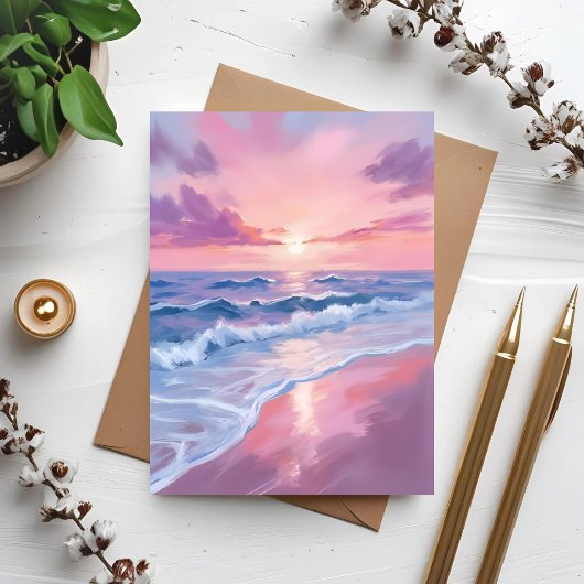 Cotton Candy Beach Pink Ocean Waves Painting Card