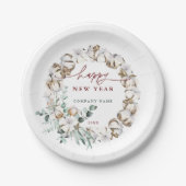 Cotton Flower Wreath Happy New Year Holiday ペーパープレート (正面)
