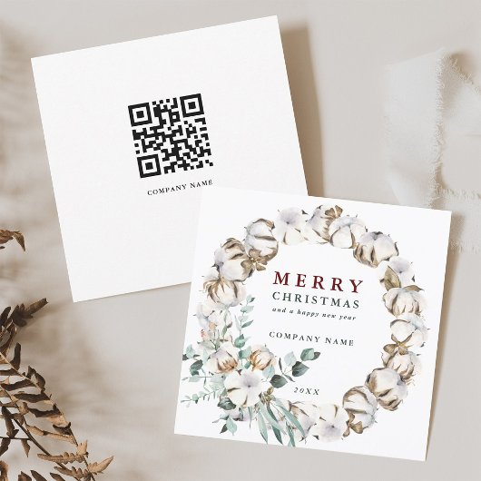 Cotton Flower Wreath Holiday Card with QR Code シーズンカード