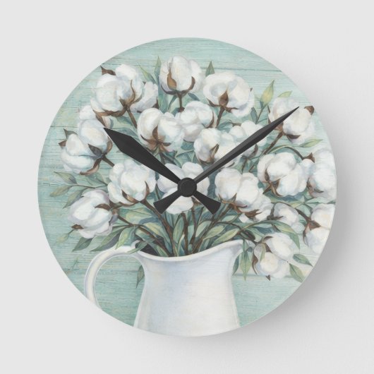 Cotton Flowers Farmhouse Rustic Wall Clock ラウンド壁時計 (正面)