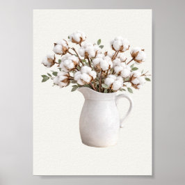Cotton Flowers in White Pitcher Botanical Farmhous ポスター