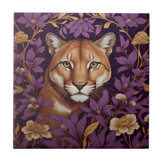 Cougar Face Among Deep Purple Foliage and Flowers タイル (正面)