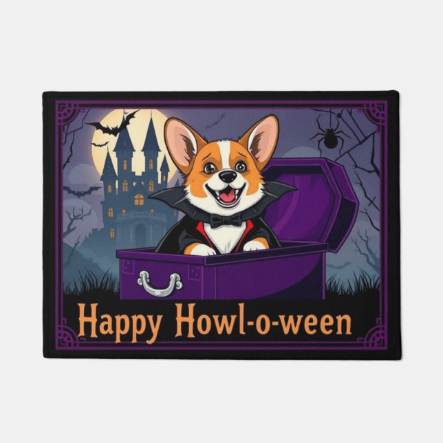 Count Corgi Happy Howl-o-ween ドアマット (正面)