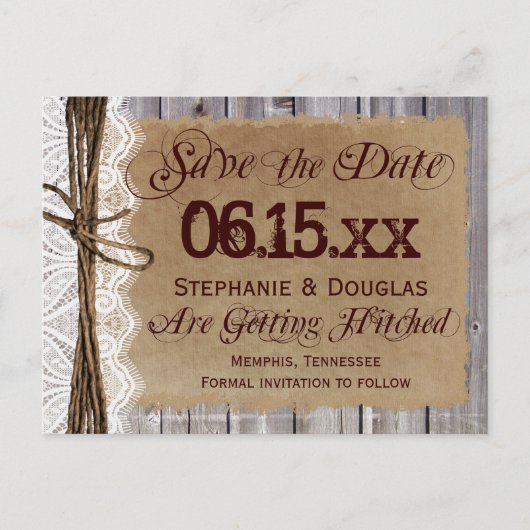 Country 素朴 Barn Wood Save the Date Postcards 案内ポストカード (正面)