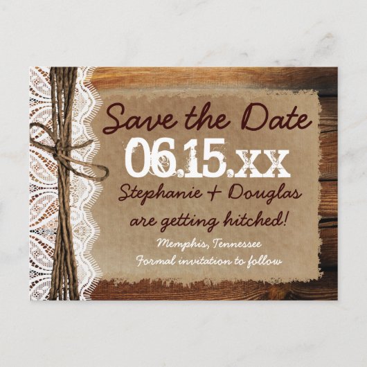 Country 素朴 Barn Wood Save the Date Postcards 案内ポストカード (正面)