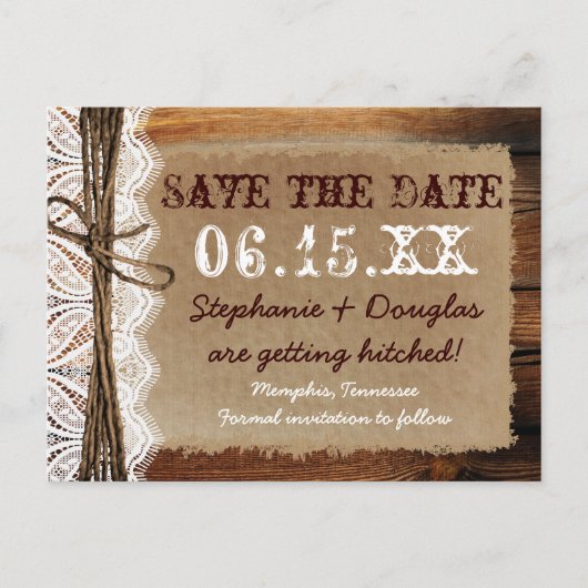 Country 素朴 Barn Wood Save the Date Postcards 案内ポストカード (正面)