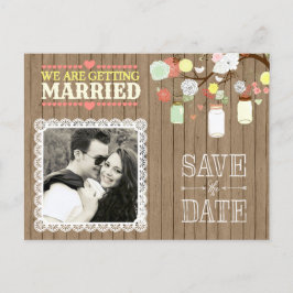 Country 素朴 Mason Jar on Woodフォトポストカード 案内ポストカード