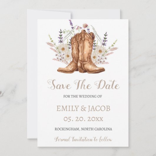 Country 素朴 Western Boots Save The Dates 招待状 (正面)