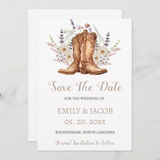 Country 素朴 Western Boots Save The Dates 招待状 (正面/裏面)
