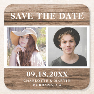 Country 素朴 Woodの結婚2枚の写真Save The Date スクエアペーパーコースター