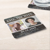 Country 素朴 Woodの結婚2枚の写真Save The Date スクエアペーパーコースター (アングル)