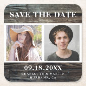 Country 素朴 Woodの結婚2枚の写真Save The Date スクエアペーパーコースター (正面)