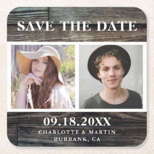 Country 素朴 Woodの結婚2枚の写真Save The Date スクエアペーパーコースター