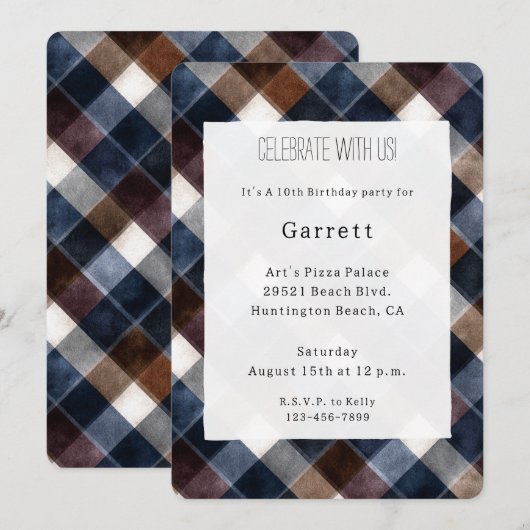 Country Blue Red White Squares Birthday 招待状 (正面/裏面)