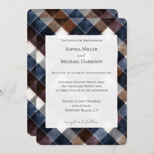 Country Blue Red White Squares Wedding 招待状 (正面/裏面)