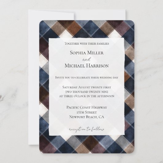 Country Blue Red White Squares Wedding 招待状 (正面)