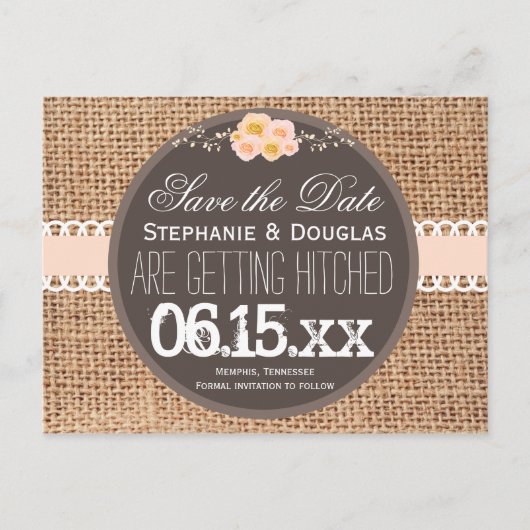 Country Burlap Lace素朴 Save the Date Postcard 案内ポストカード (正面)