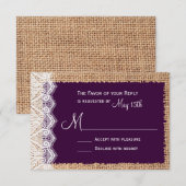 Country Burlap Purple RSVPカー素朴ド 出欠カード (正面/裏面)