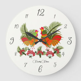 Country Charm – Folk Rooster & Hen Wall Clock ラージ壁時計