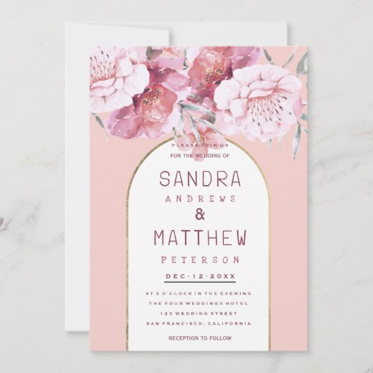 Country chic mint pastel pink gold floral wedding  招待状 (正面)