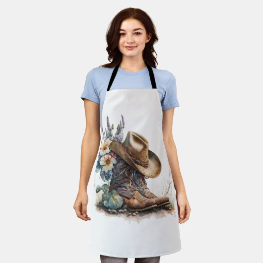 Country Cowgirl Boots Flower Hat Texas エプロン (着用した状態)