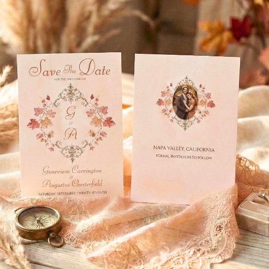 Country Elegance Autumn Watercolor Leaves Photo セーブザデート