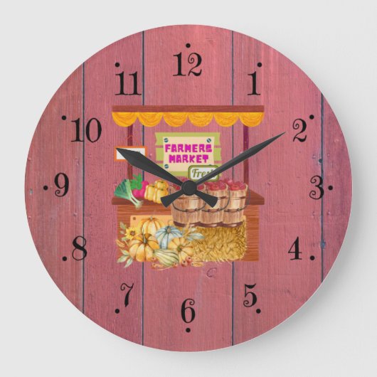 Country Farmers Market Red Barn Wood Wall Clock ラージ壁時計 (正面)