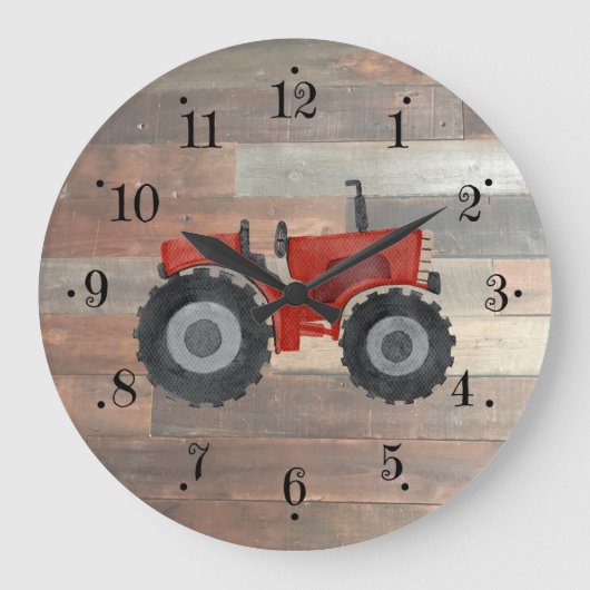 Country Farmhouse Red Tractor Faux Wood Wall Clock ラージ壁時計 (正面)