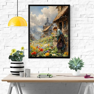 Country Garden with/Girl in Blue Dress and Flowers ポスター