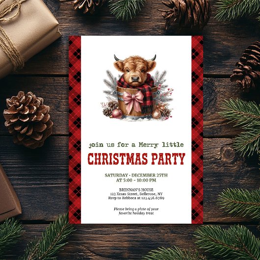 Country highland cow Christmas party invitation 招待状