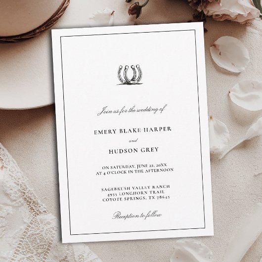 Country Horseshoe Frame Western Elegant BW Wedding 招待状