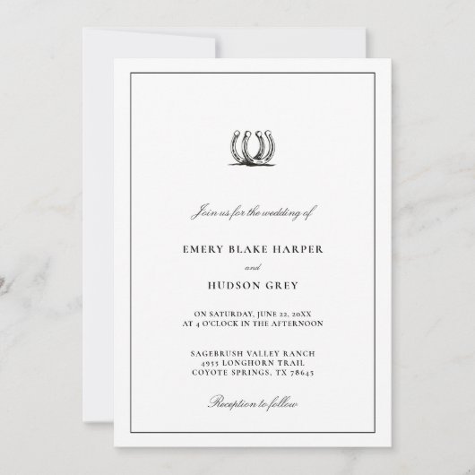 Country Horseshoe Frame Western Elegant BW Wedding 招待状 (正面)